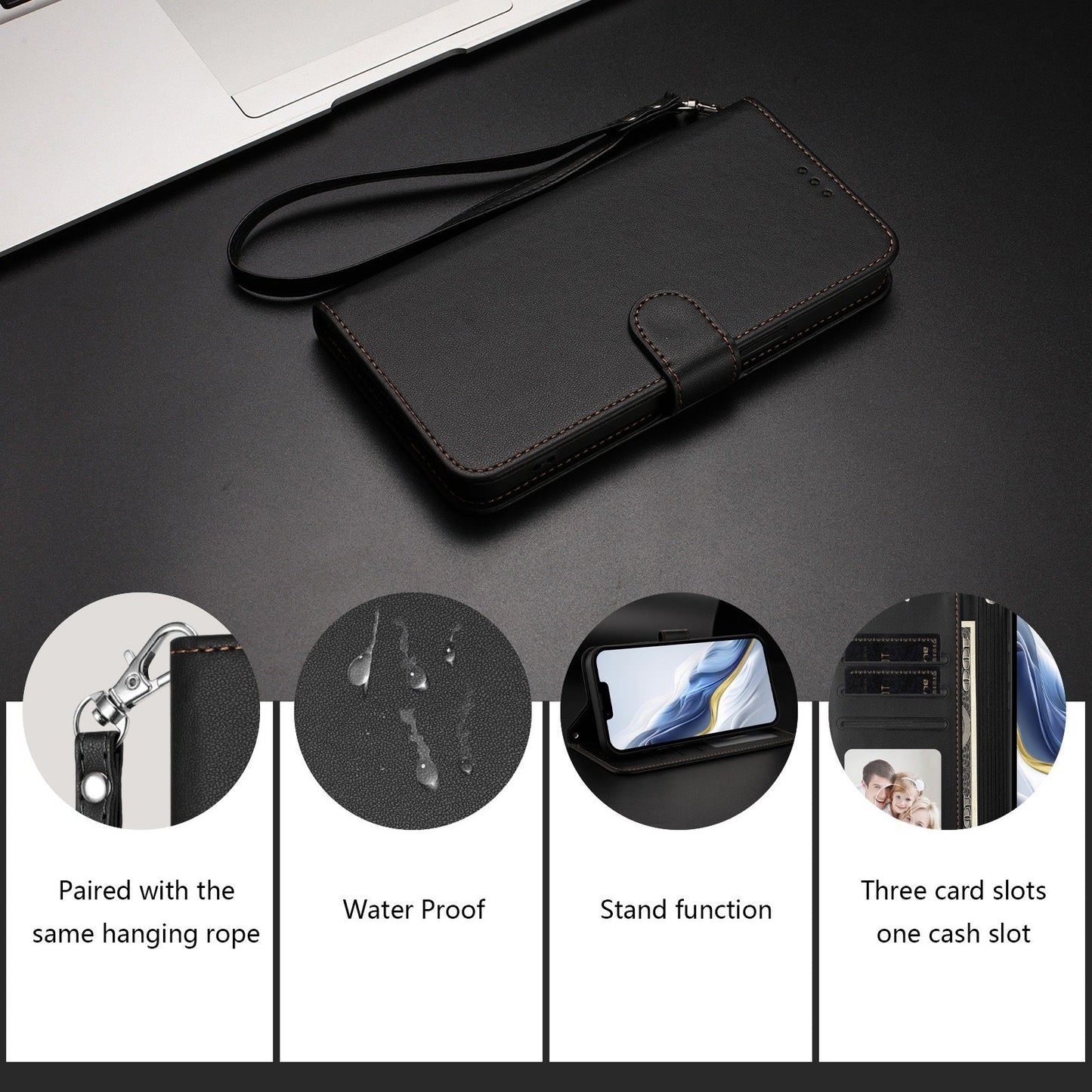 For Oppo Reno13 F 4G / Oppo Reno13 F 5G Leather Case Wallet Stand Phone Cover with Wrist Strap - Black
