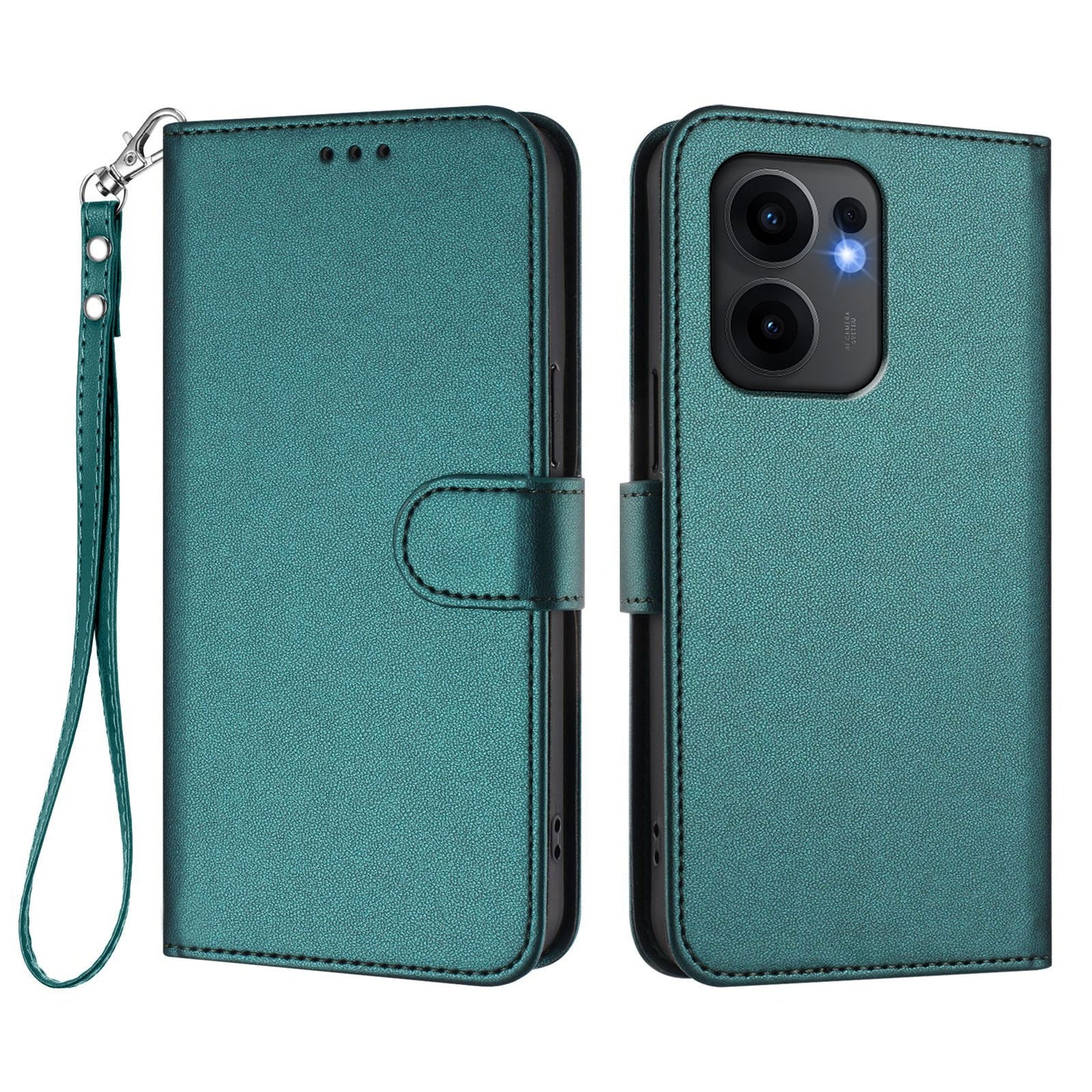 For Oppo Reno13 F 4G / Oppo Reno13 F 5G Leather Case Wallet Stand Phone Cover with Wrist Strap - Green