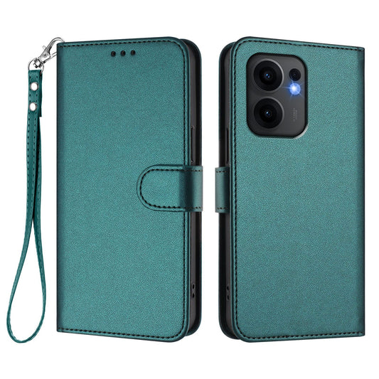 For Oppo Reno13 F 4G / Oppo Reno13 F 5G Leather Case Wallet Stand Phone Cover with Wrist Strap - Green