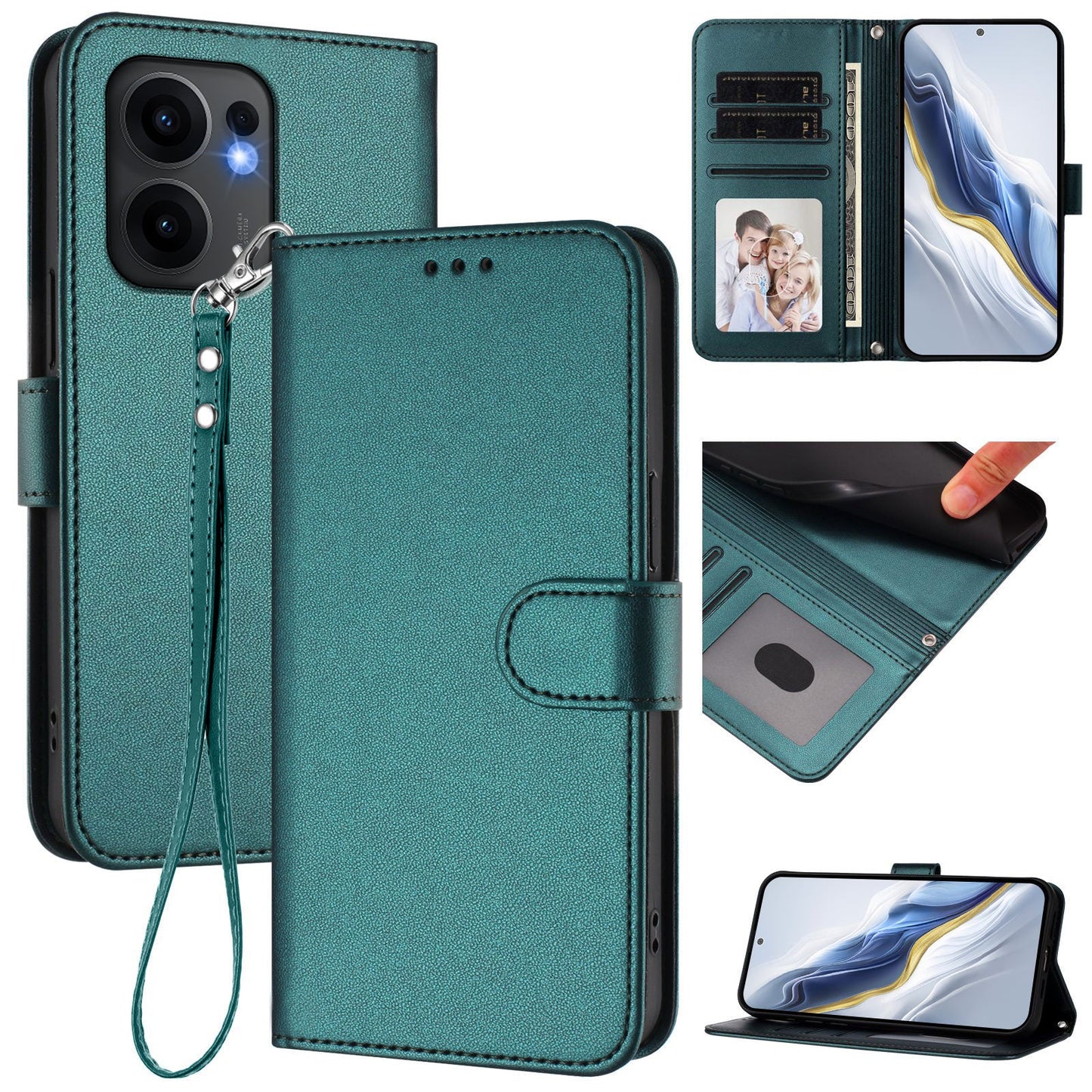 For Oppo Reno13 F 4G / Oppo Reno13 F 5G Leather Case Wallet Stand Phone Cover with Wrist Strap - Green