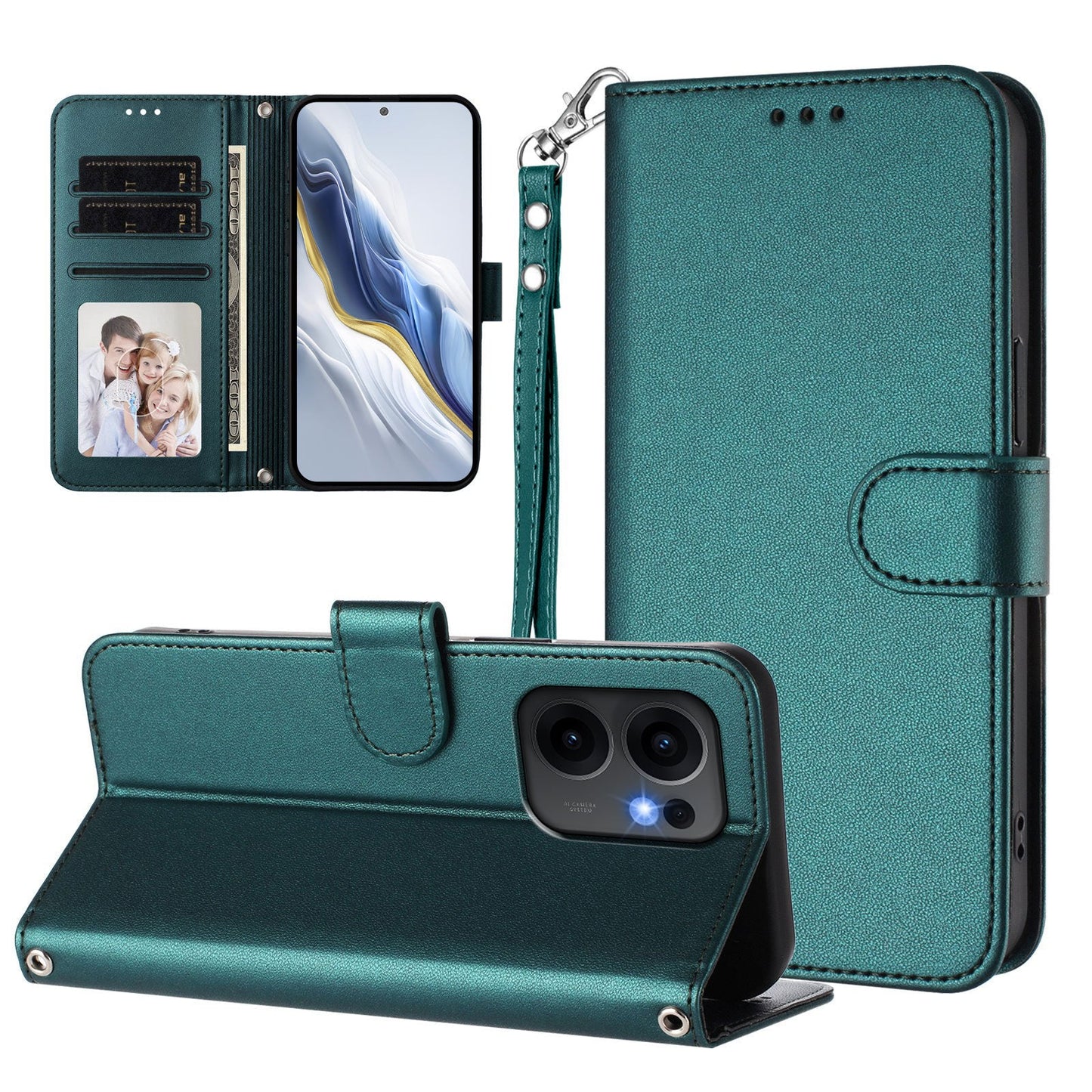 For Oppo Reno13 F 4G / Oppo Reno13 F 5G Leather Case Wallet Stand Phone Cover with Wrist Strap - Green