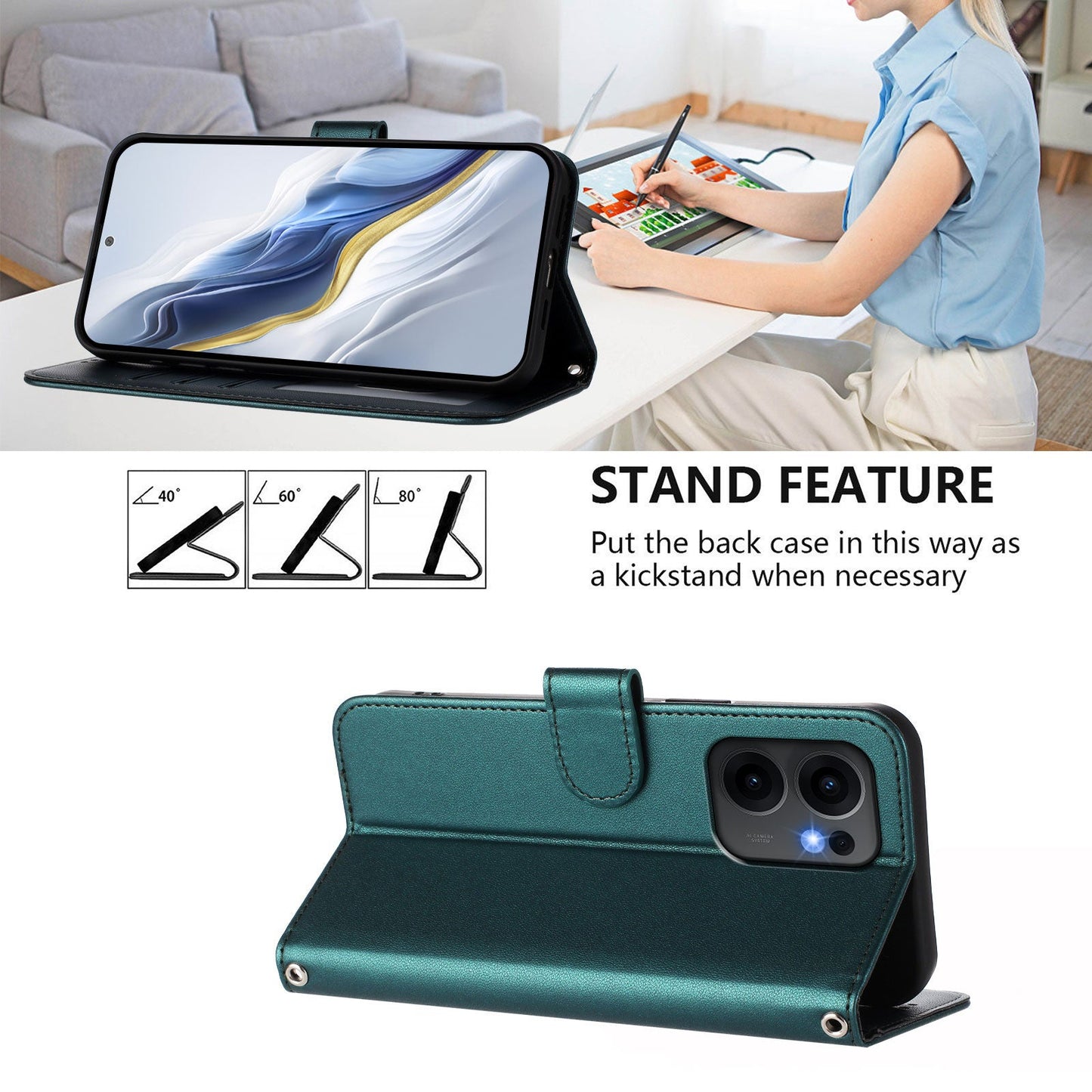 For Oppo Reno13 F 4G / Oppo Reno13 F 5G Leather Case Wallet Stand Phone Cover with Wrist Strap - Green