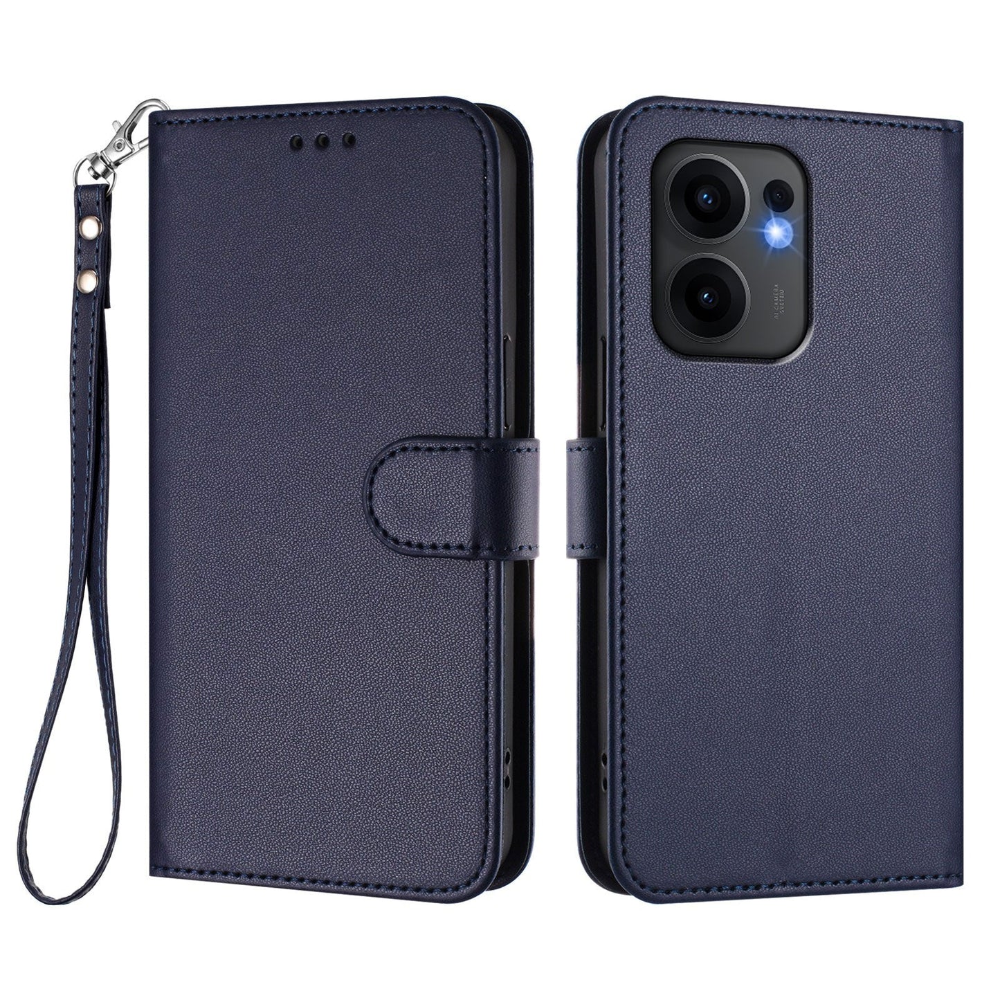 For Oppo Reno13 F 4G / Oppo Reno13 F 5G Leather Case Wallet Stand Phone Cover with Wrist Strap - Blue