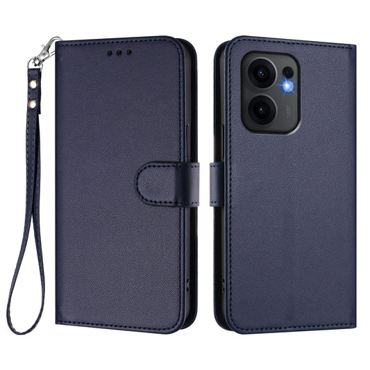 For Oppo Reno13 F 4G / Oppo Reno13 F 5G Leather Case Wallet Stand Phone Cover with Wrist Strap - Blue