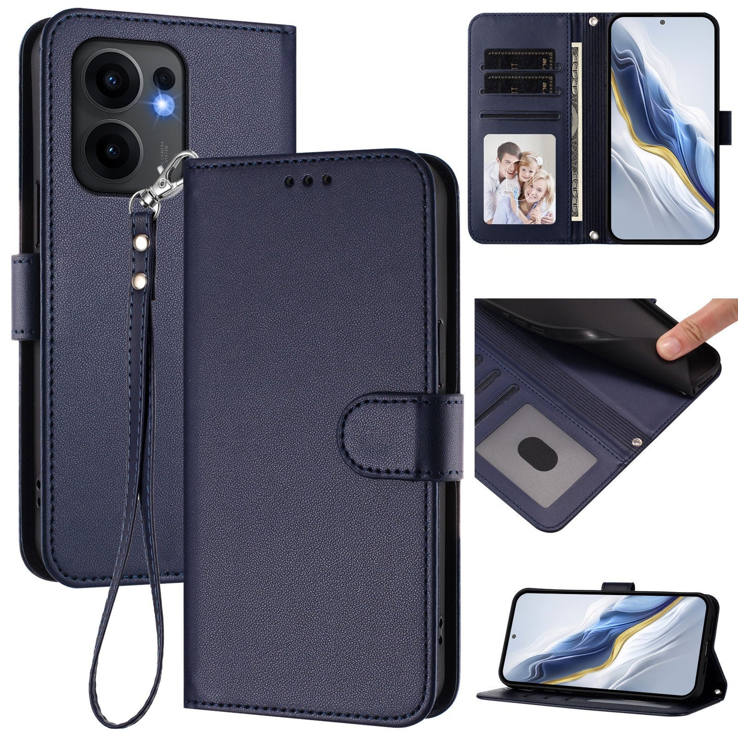 For Oppo Reno13 F 4G / Oppo Reno13 F 5G Leather Case Wallet Stand Phone Cover with Wrist Strap - Blue