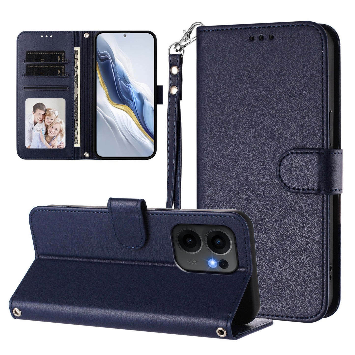 For Oppo Reno13 F 4G / Oppo Reno13 F 5G Leather Case Wallet Stand Phone Cover with Wrist Strap - Blue