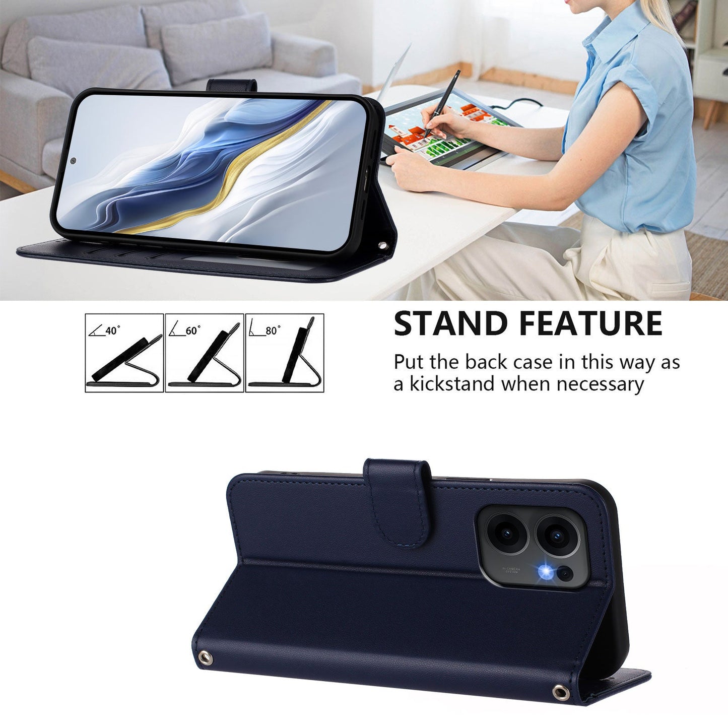 For Oppo Reno13 F 4G / Oppo Reno13 F 5G Leather Case Wallet Stand Phone Cover with Wrist Strap - Blue