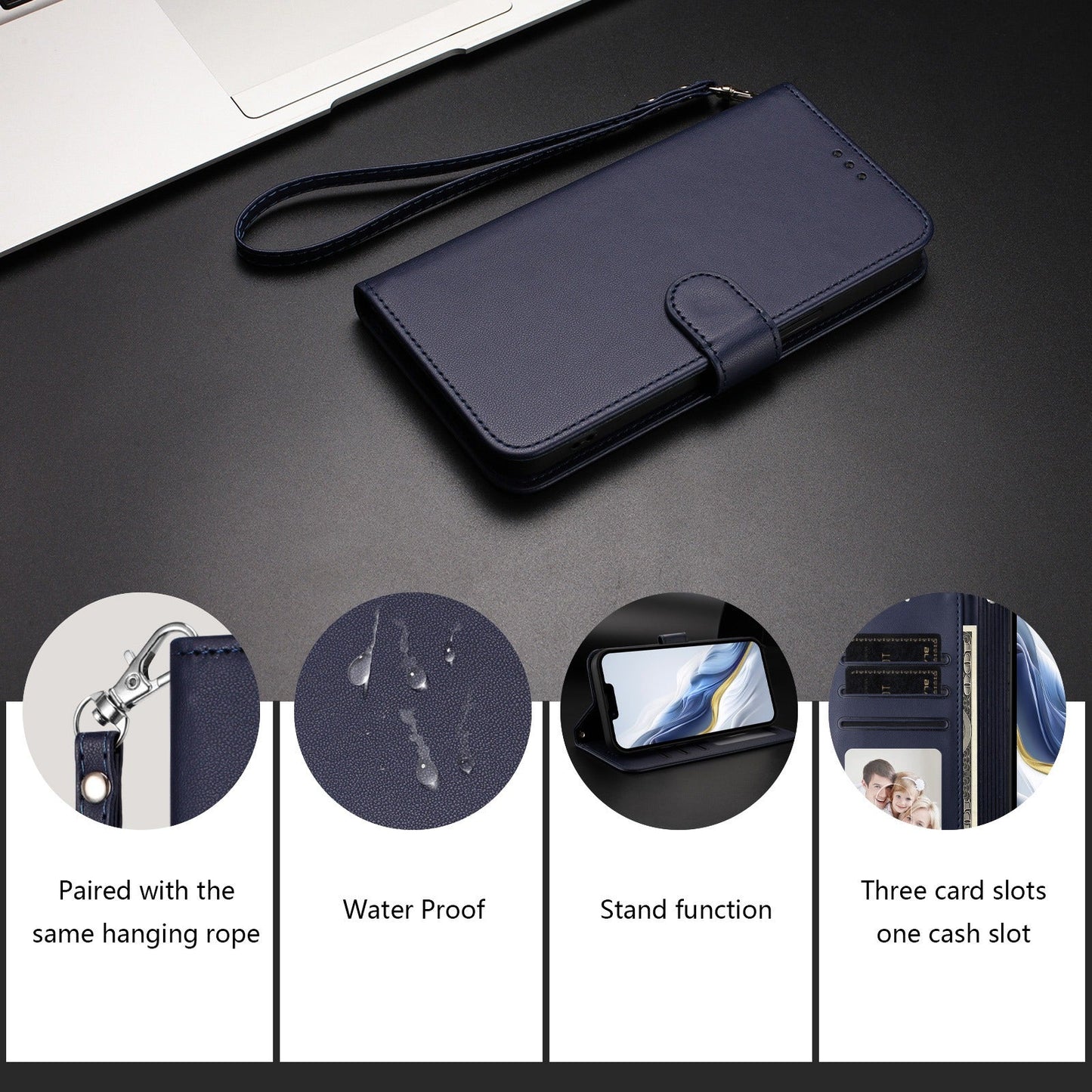 For Oppo Reno13 F 4G / Oppo Reno13 F 5G Leather Case Wallet Stand Phone Cover with Wrist Strap - Blue