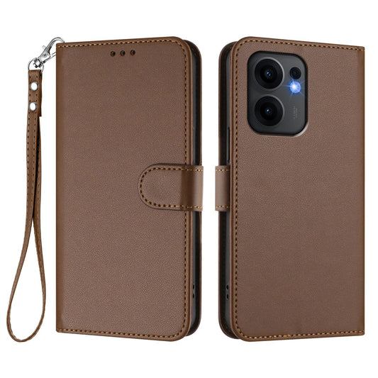 For Oppo Reno13 F 4G / Oppo Reno13 F 5G Leather Case Wallet Stand Phone Cover with Wrist Strap - Brown