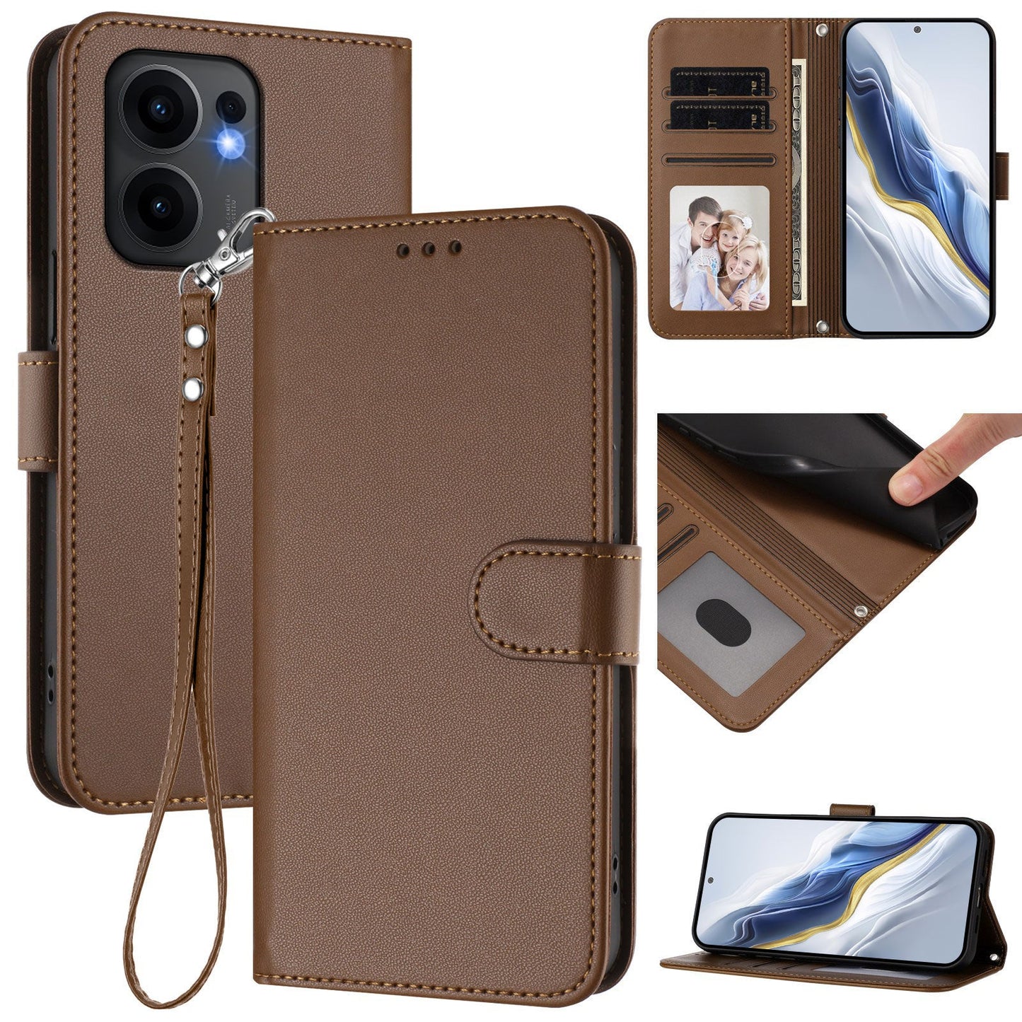 For Oppo Reno13 F 4G / Oppo Reno13 F 5G Leather Case Wallet Stand Phone Cover with Wrist Strap - Brown