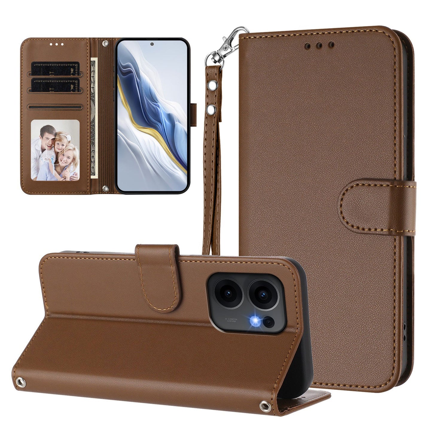 For Oppo Reno13 F 4G / Oppo Reno13 F 5G Leather Case Wallet Stand Phone Cover with Wrist Strap - Brown