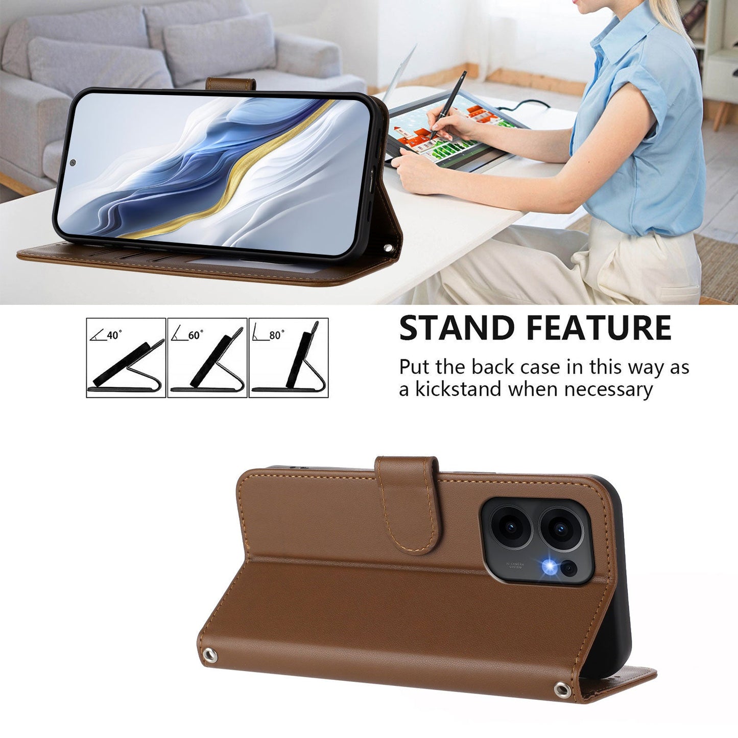 For Oppo Reno13 F 4G / Oppo Reno13 F 5G Leather Case Wallet Stand Phone Cover with Wrist Strap - Brown