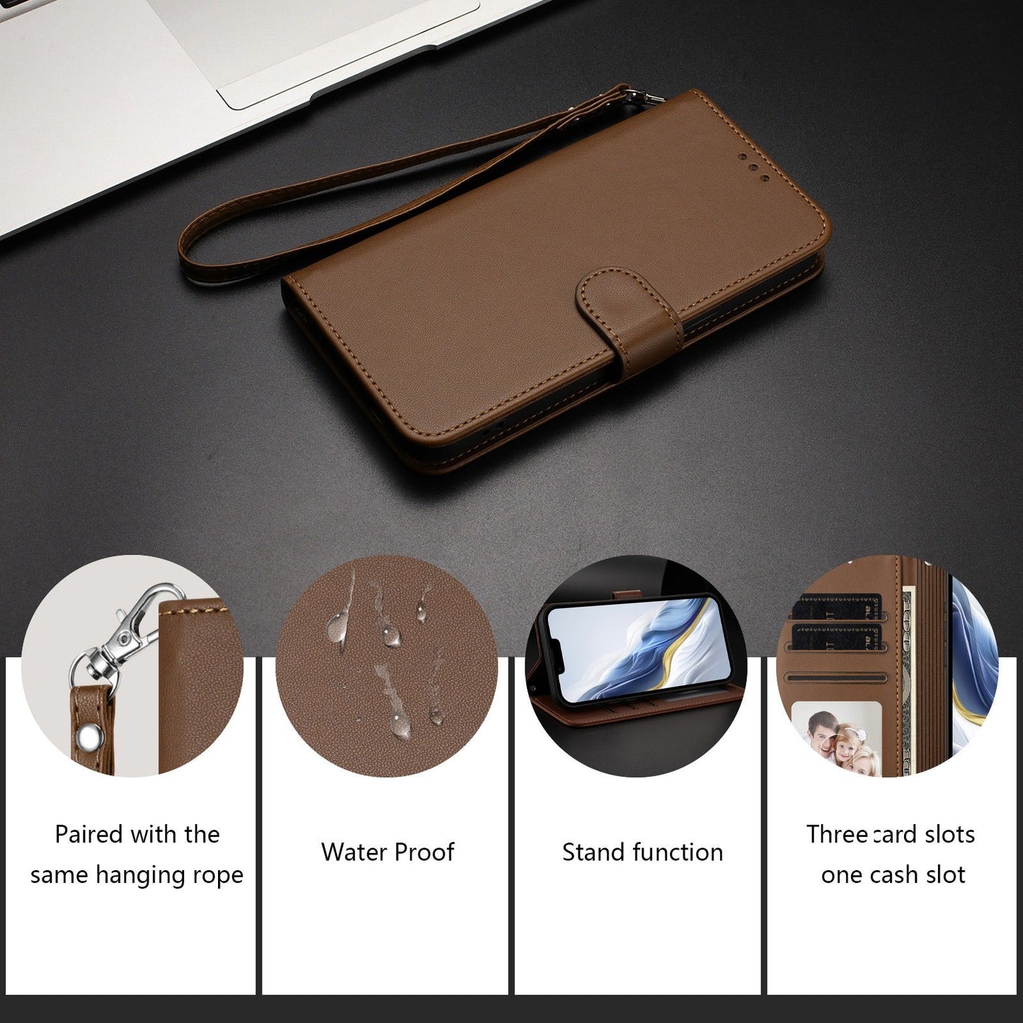 For Oppo Reno13 F 4G / Oppo Reno13 F 5G Leather Case Wallet Stand Phone Cover with Wrist Strap - Brown