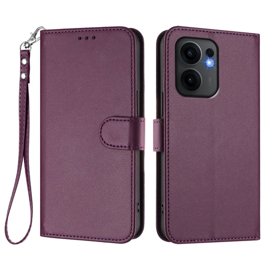 For Oppo Reno13 F 4G / Oppo Reno13 F 5G Leather Case Wallet Stand Phone Cover with Wrist Strap - Purple