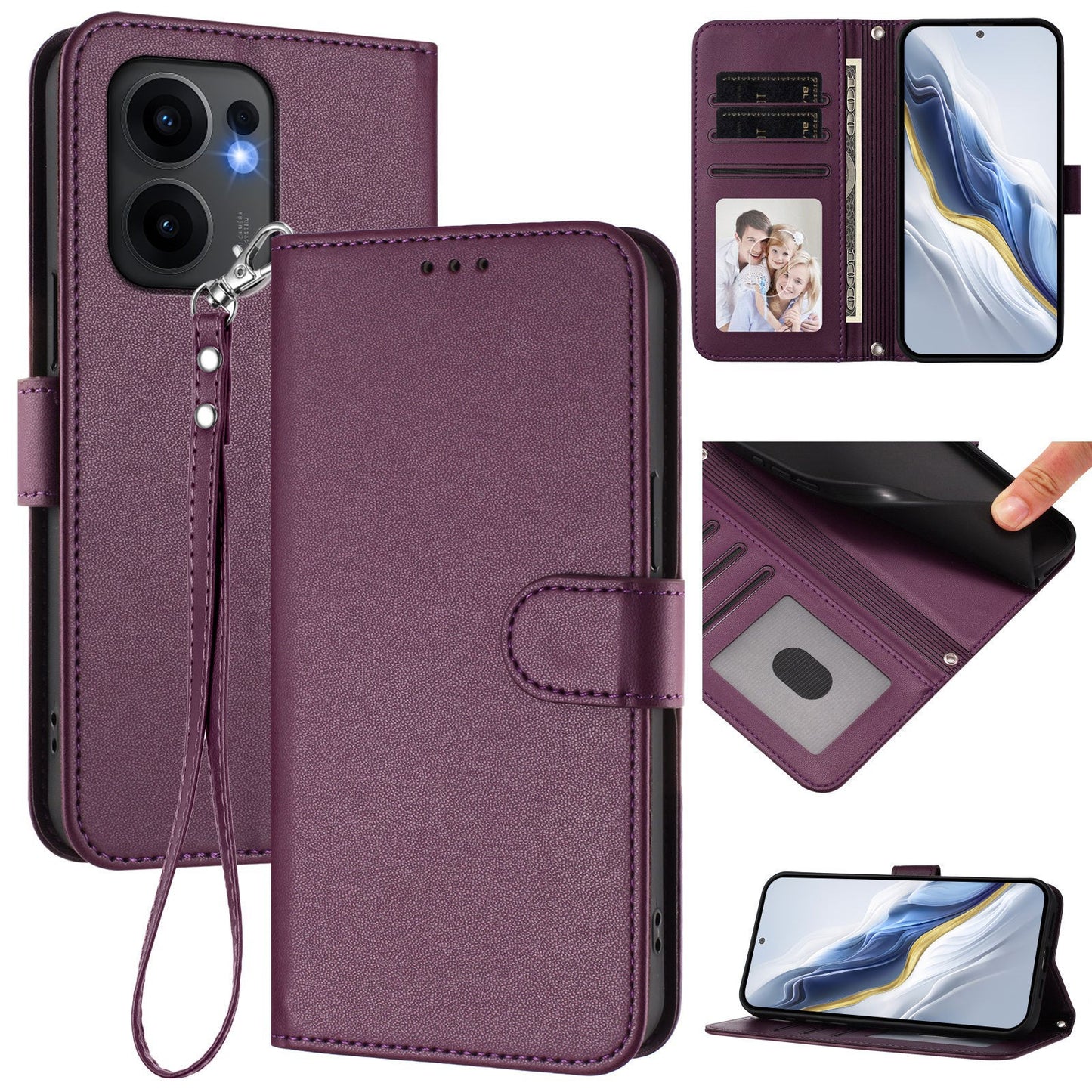 For Oppo Reno13 F 4G / Oppo Reno13 F 5G Leather Case Wallet Stand Phone Cover with Wrist Strap - Purple