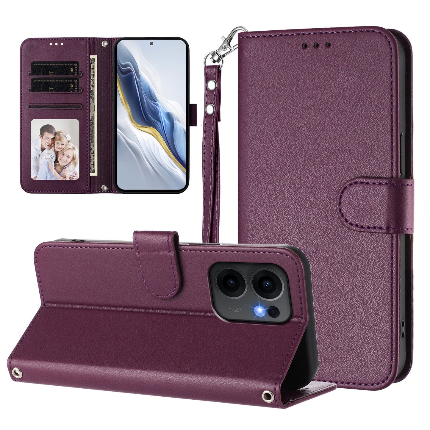 For Oppo Reno13 F 4G / Oppo Reno13 F 5G Leather Case Wallet Stand Phone Cover with Wrist Strap - Purple