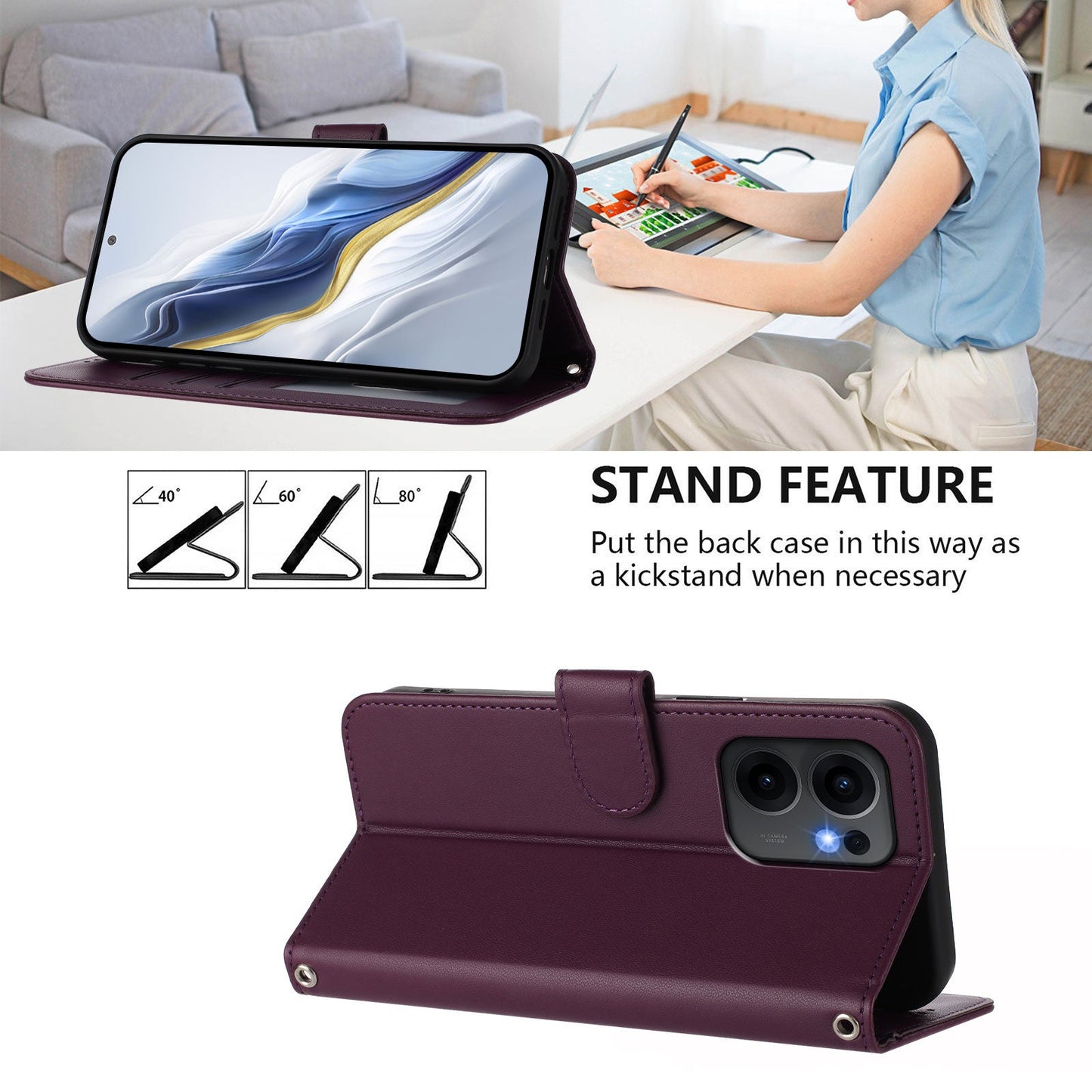 For Oppo Reno13 F 4G / Oppo Reno13 F 5G Leather Case Wallet Stand Phone Cover with Wrist Strap - Purple