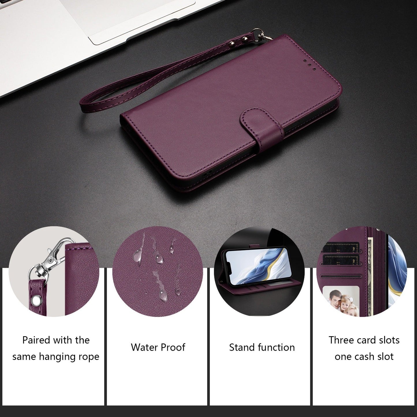 For Oppo Reno13 F 4G / Oppo Reno13 F 5G Leather Case Wallet Stand Phone Cover with Wrist Strap - Purple
