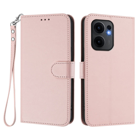 For Oppo Reno13 F 4G / Oppo Reno13 F 5G Leather Case Wallet Stand Phone Cover with Wrist Strap - Pink