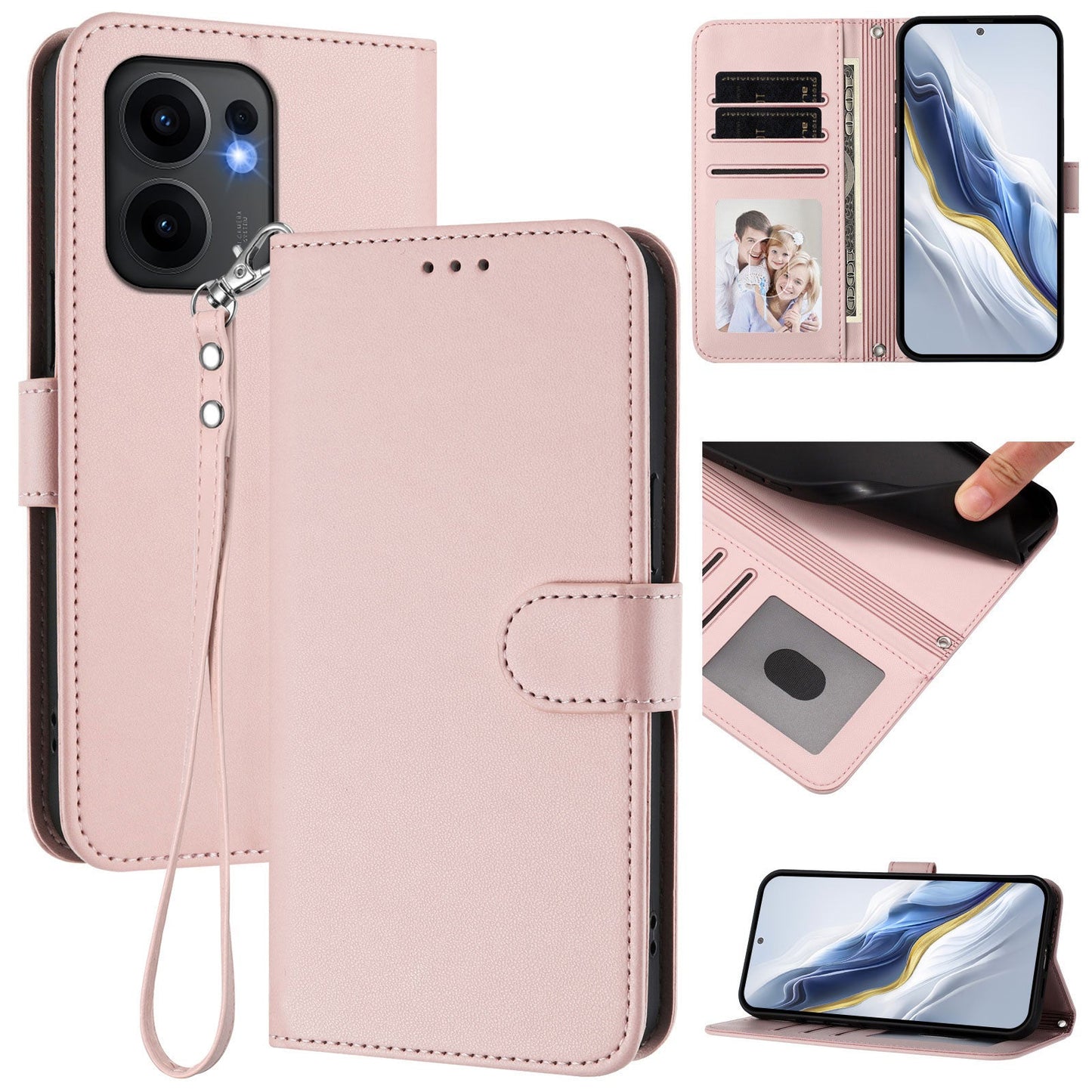 For Oppo Reno13 F 4G / Oppo Reno13 F 5G Leather Case Wallet Stand Phone Cover with Wrist Strap - Pink