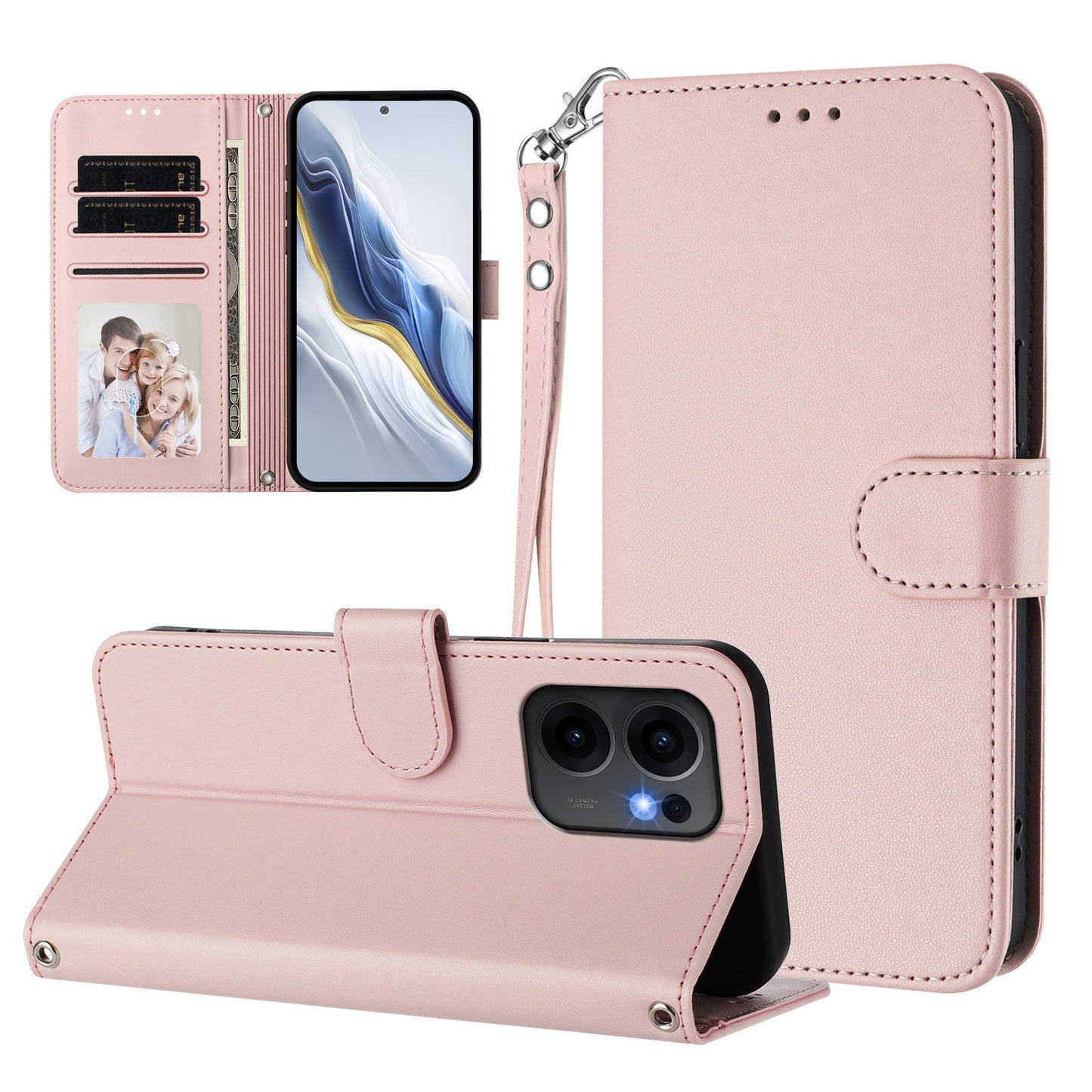 For Oppo Reno13 F 4G / Oppo Reno13 F 5G Leather Case Wallet Stand Phone Cover with Wrist Strap - Pink