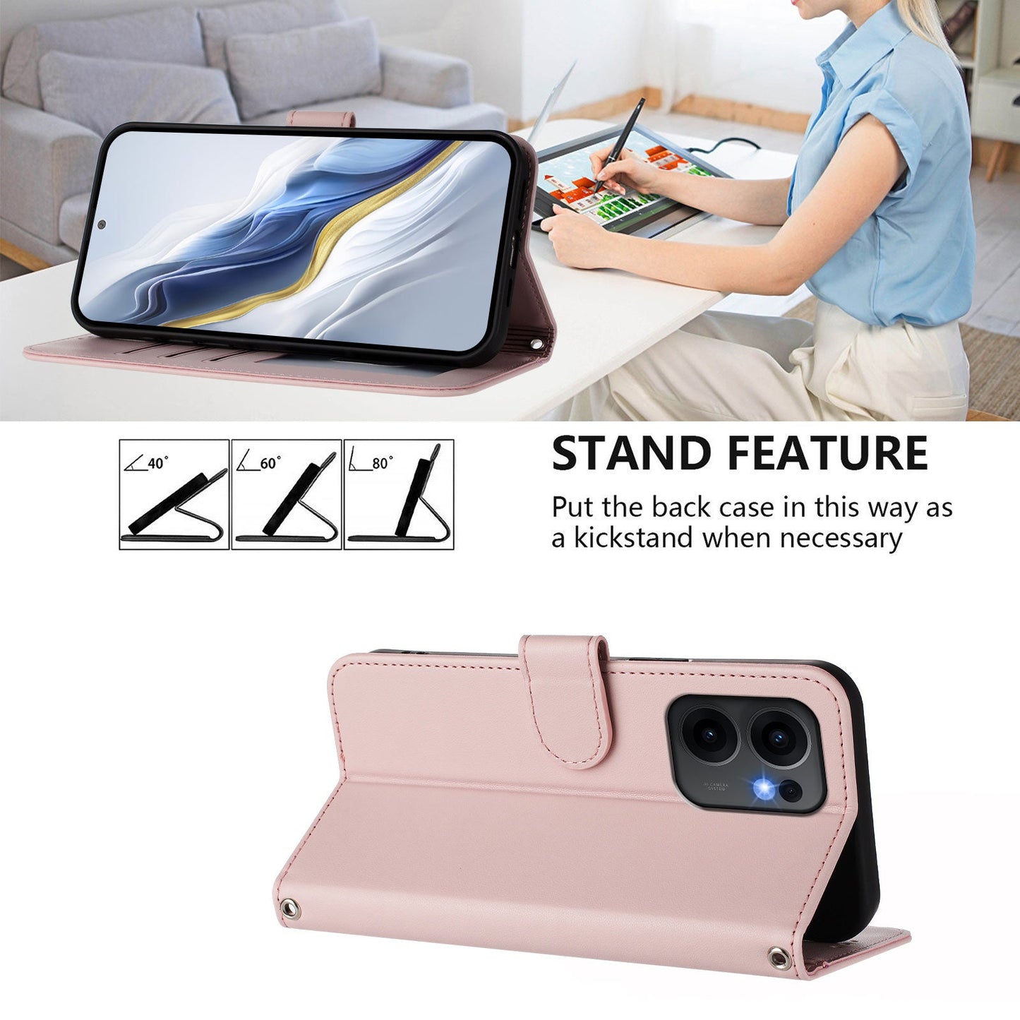 For Oppo Reno13 F 4G / Oppo Reno13 F 5G Leather Case Wallet Stand Phone Cover with Wrist Strap - Pink