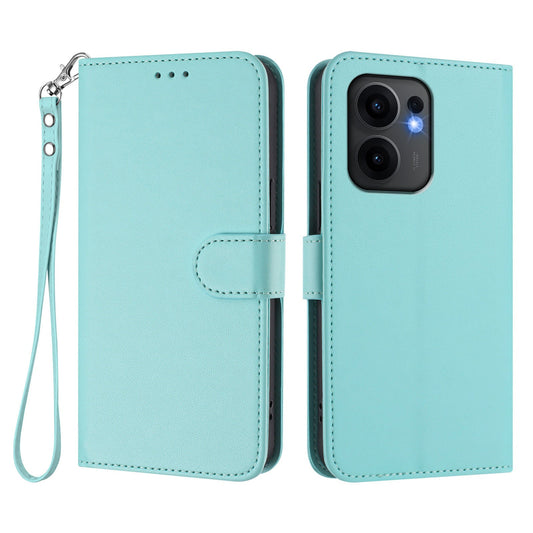 For Oppo Reno13 F 4G / Oppo Reno13 F 5G Leather Case Wallet Stand Phone Cover with Wrist Strap - Mint Green