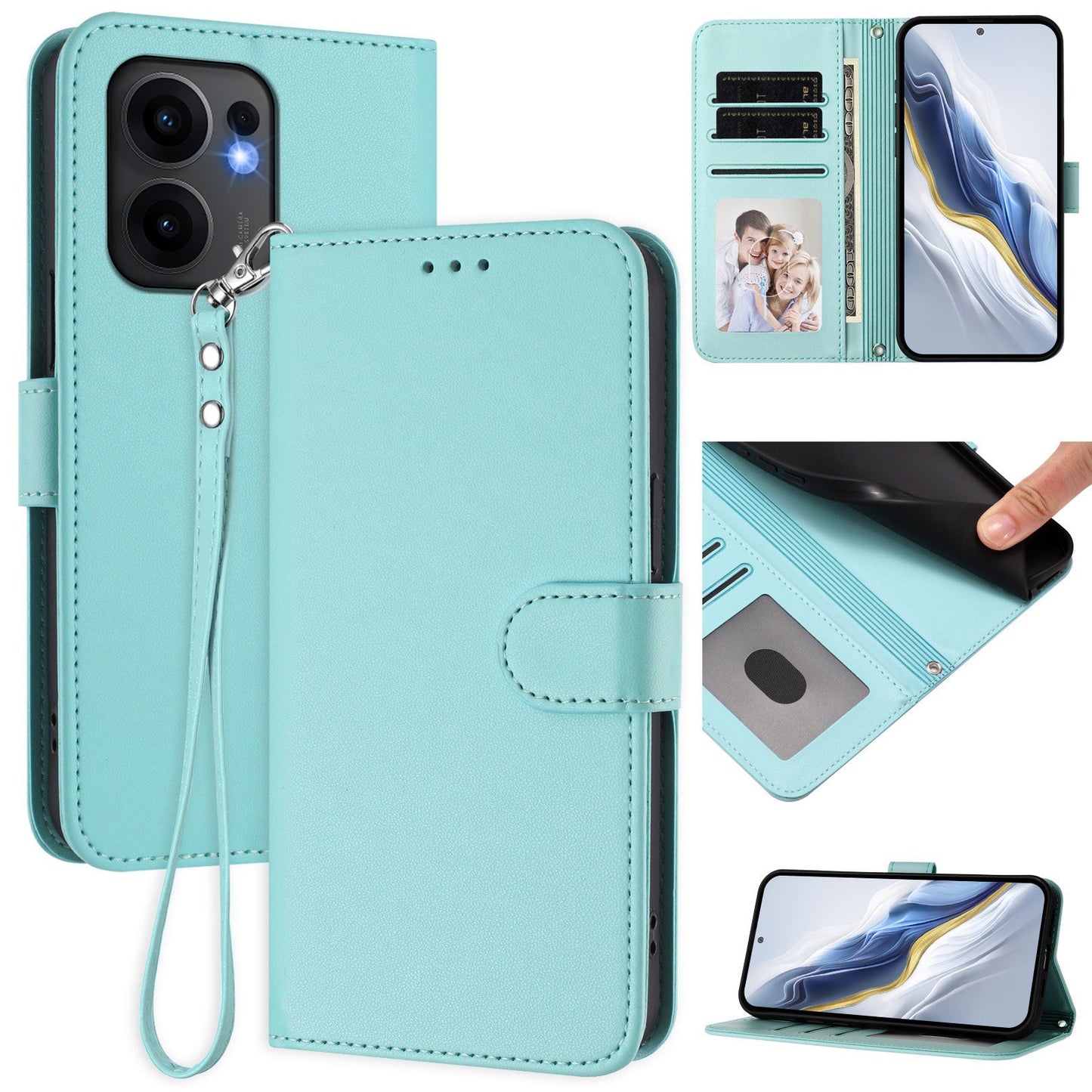 For Oppo Reno13 F 4G / Oppo Reno13 F 5G Leather Case Wallet Stand Phone Cover with Wrist Strap - Mint Green