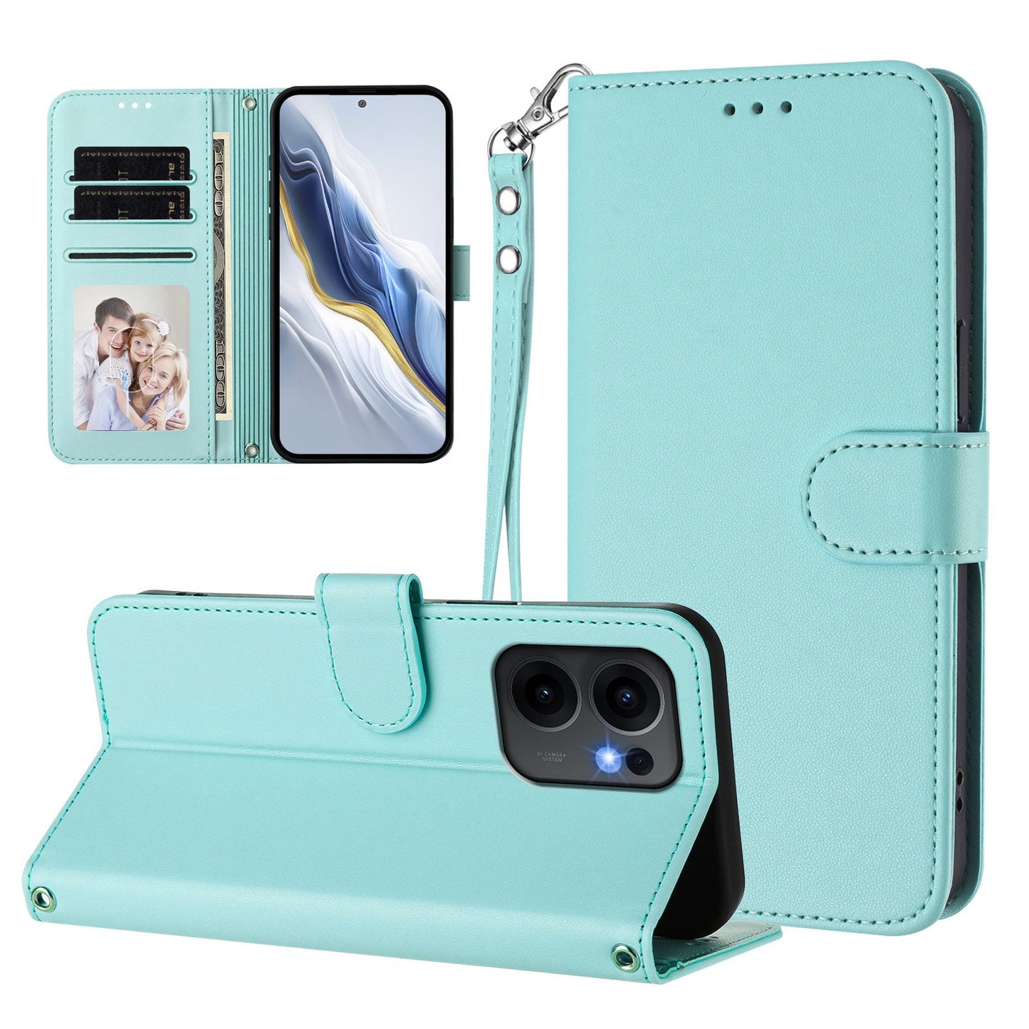For Oppo Reno13 F 4G / Oppo Reno13 F 5G Leather Case Wallet Stand Phone Cover with Wrist Strap - Mint Green