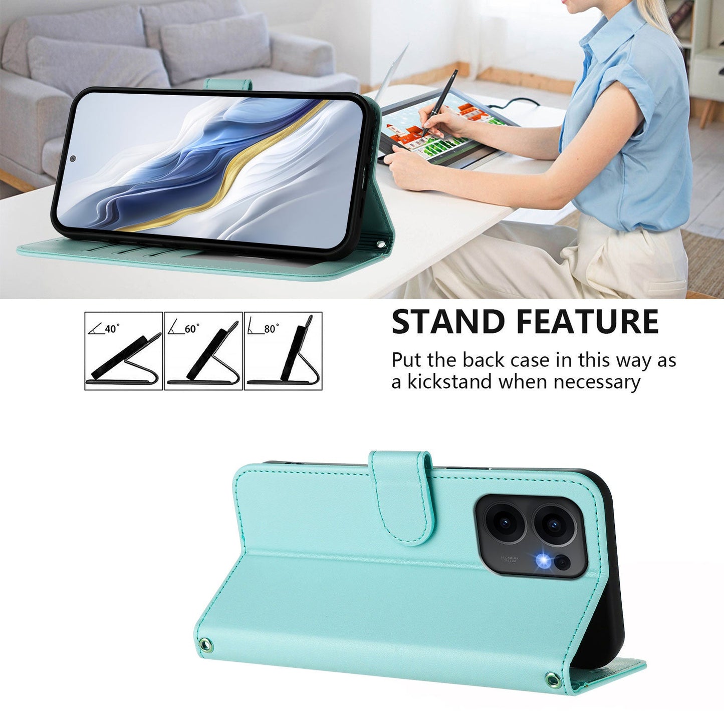 For Oppo Reno13 F 4G / Oppo Reno13 F 5G Leather Case Wallet Stand Phone Cover with Wrist Strap - Mint Green