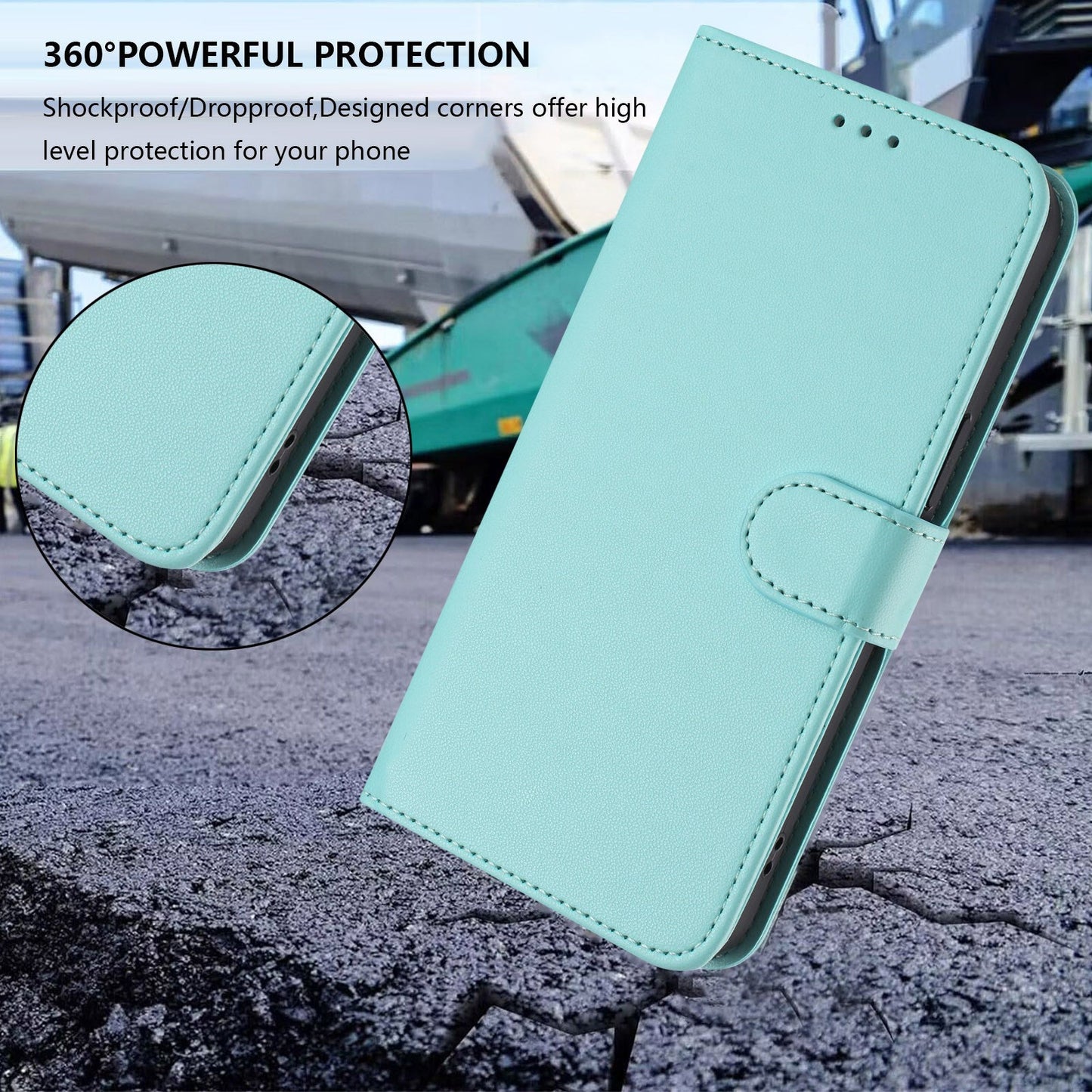 For Oppo Reno13 F 4G / Oppo Reno13 F 5G Leather Case Wallet Stand Phone Cover with Wrist Strap - Mint Green