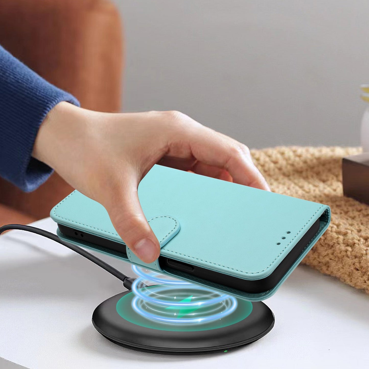 For Oppo Reno13 F 4G / Oppo Reno13 F 5G Leather Case Wallet Stand Phone Cover with Wrist Strap - Mint Green