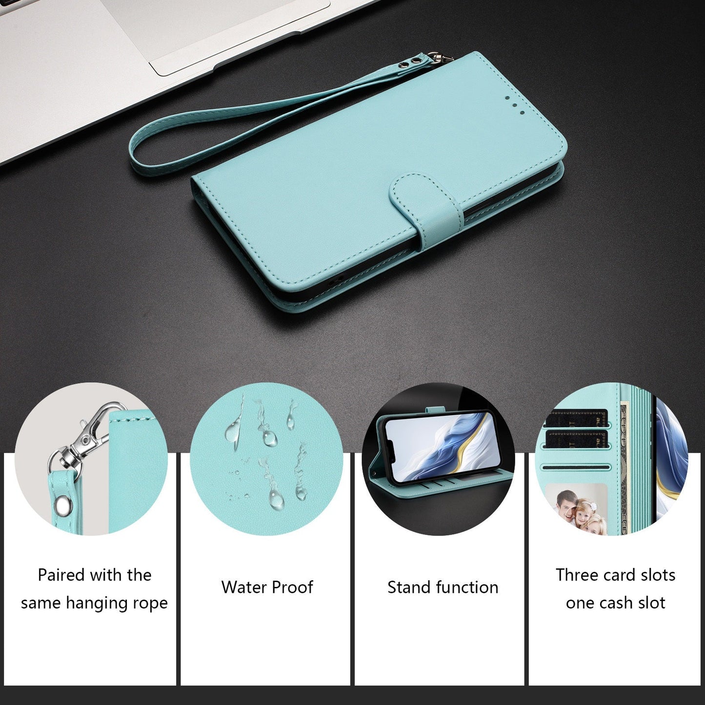 For Oppo Reno13 F 4G / Oppo Reno13 F 5G Leather Case Wallet Stand Phone Cover with Wrist Strap - Mint Green