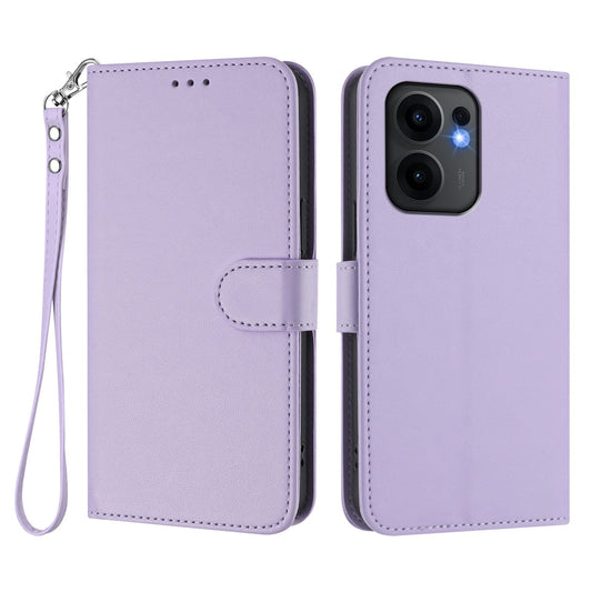 For Oppo Reno13 F 4G / Oppo Reno13 F 5G Leather Case Wallet Stand Phone Cover with Wrist Strap - Light Purple