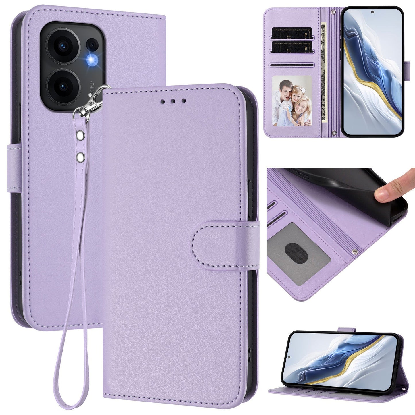 For Oppo Reno13 F 4G / Oppo Reno13 F 5G Leather Case Wallet Stand Phone Cover with Wrist Strap - Light Purple