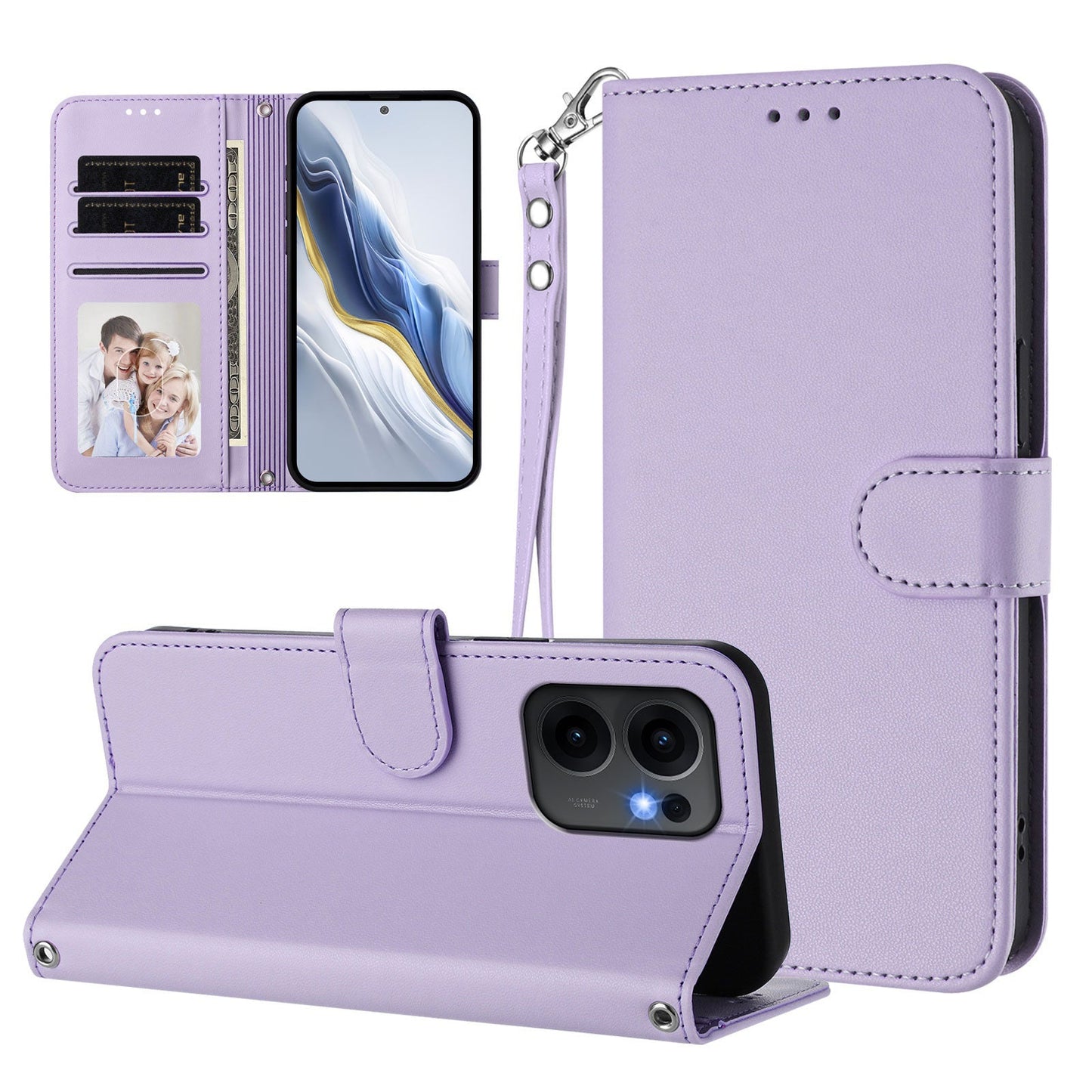 For Oppo Reno13 F 4G / Oppo Reno13 F 5G Leather Case Wallet Stand Phone Cover with Wrist Strap - Light Purple