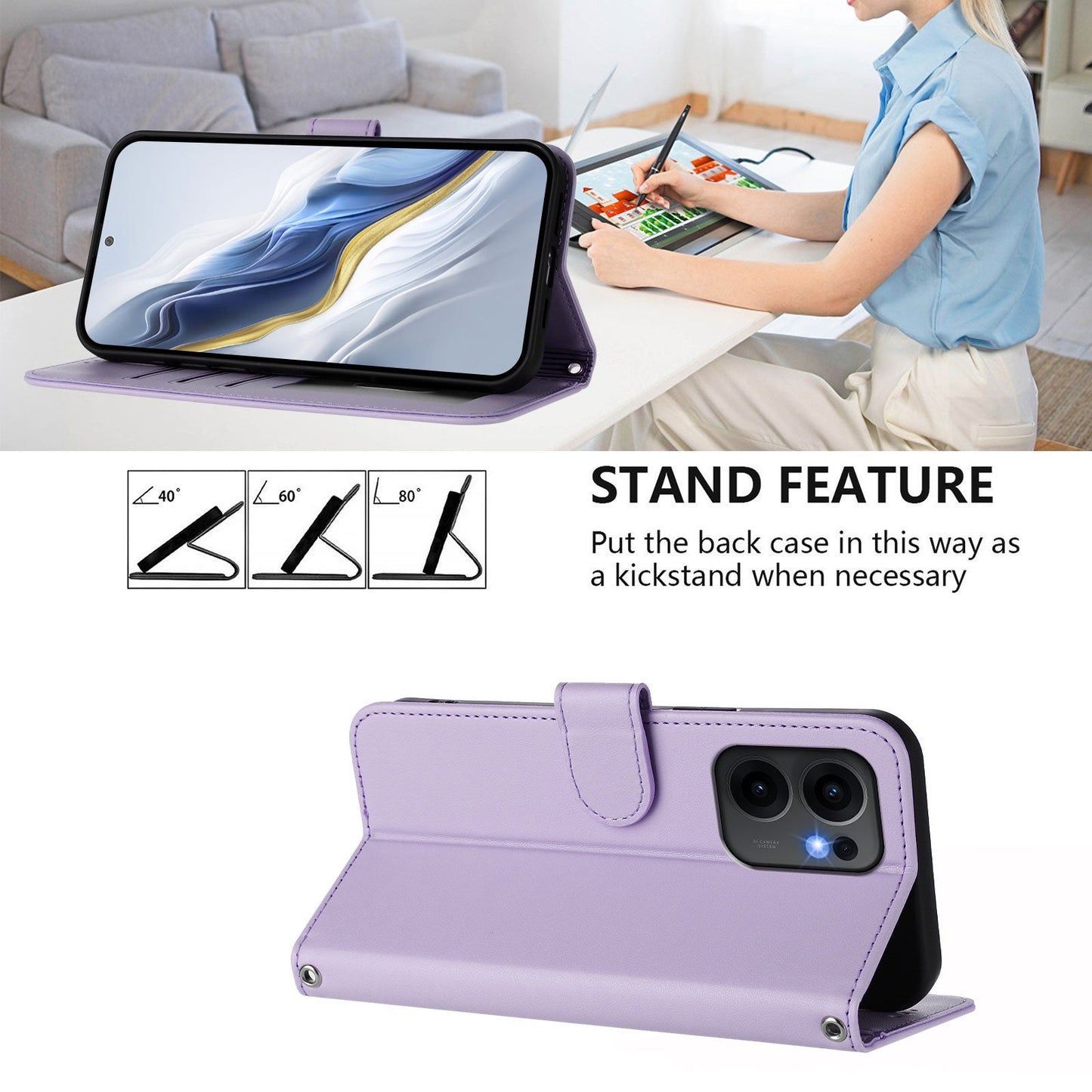 For Oppo Reno13 F 4G / Oppo Reno13 F 5G Leather Case Wallet Stand Phone Cover with Wrist Strap - Light Purple