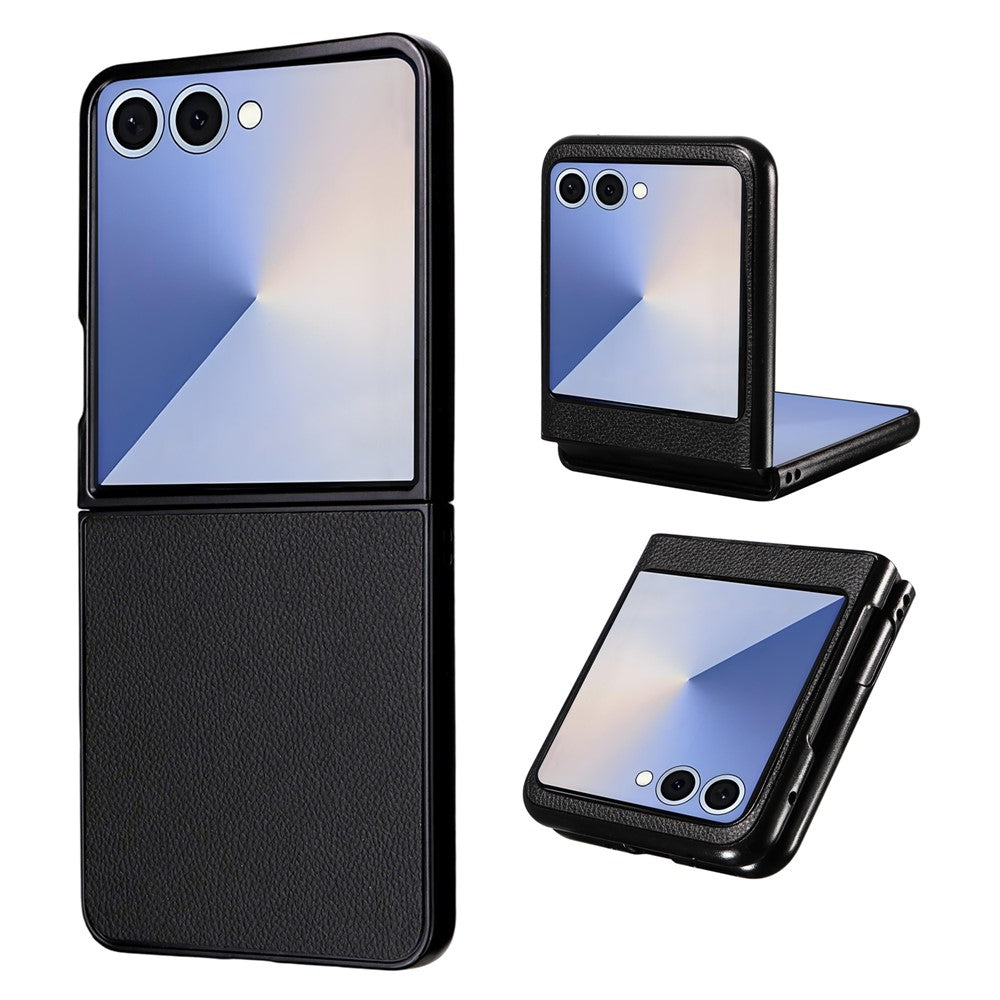 For Samsung Galaxy Z Flip7 5G Case Litchi Texture Leather + Hard PC Phone Cover - Black