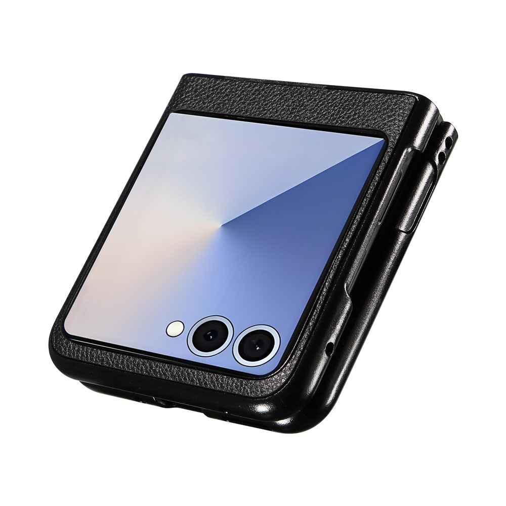 For Samsung Galaxy Z Flip7 5G Case Litchi Texture Leather + Hard PC Phone Cover - Black