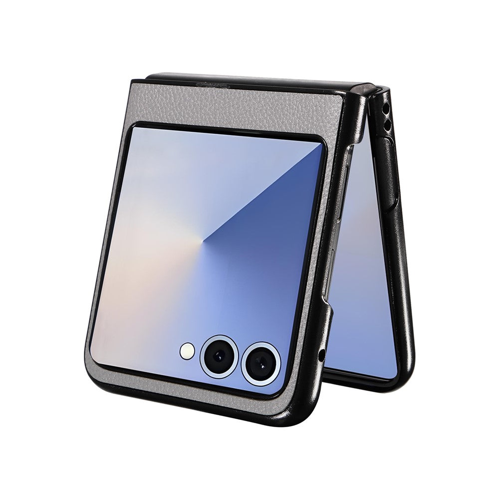 For Samsung Galaxy Z Flip7 5G Case Litchi Texture Leather + Hard PC Phone Cover - Grey