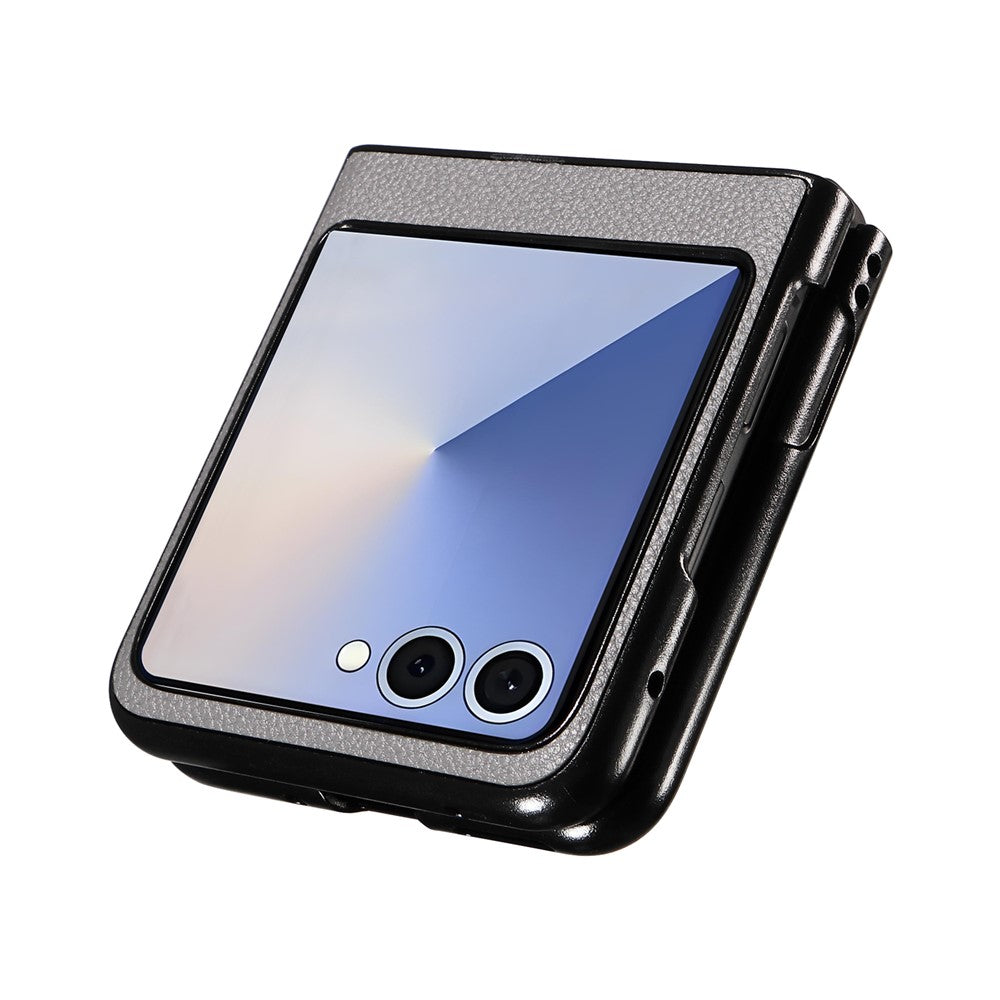 For Samsung Galaxy Z Flip7 5G Case Litchi Texture Leather + Hard PC Phone Cover - Grey