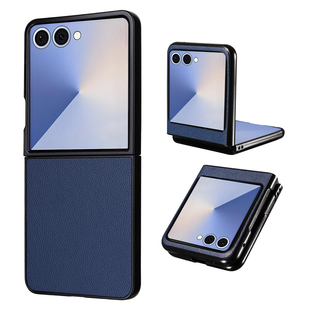 For Samsung Galaxy Z Flip7 5G Case Litchi Texture Leather + Hard PC Phone Cover - Dark Blue