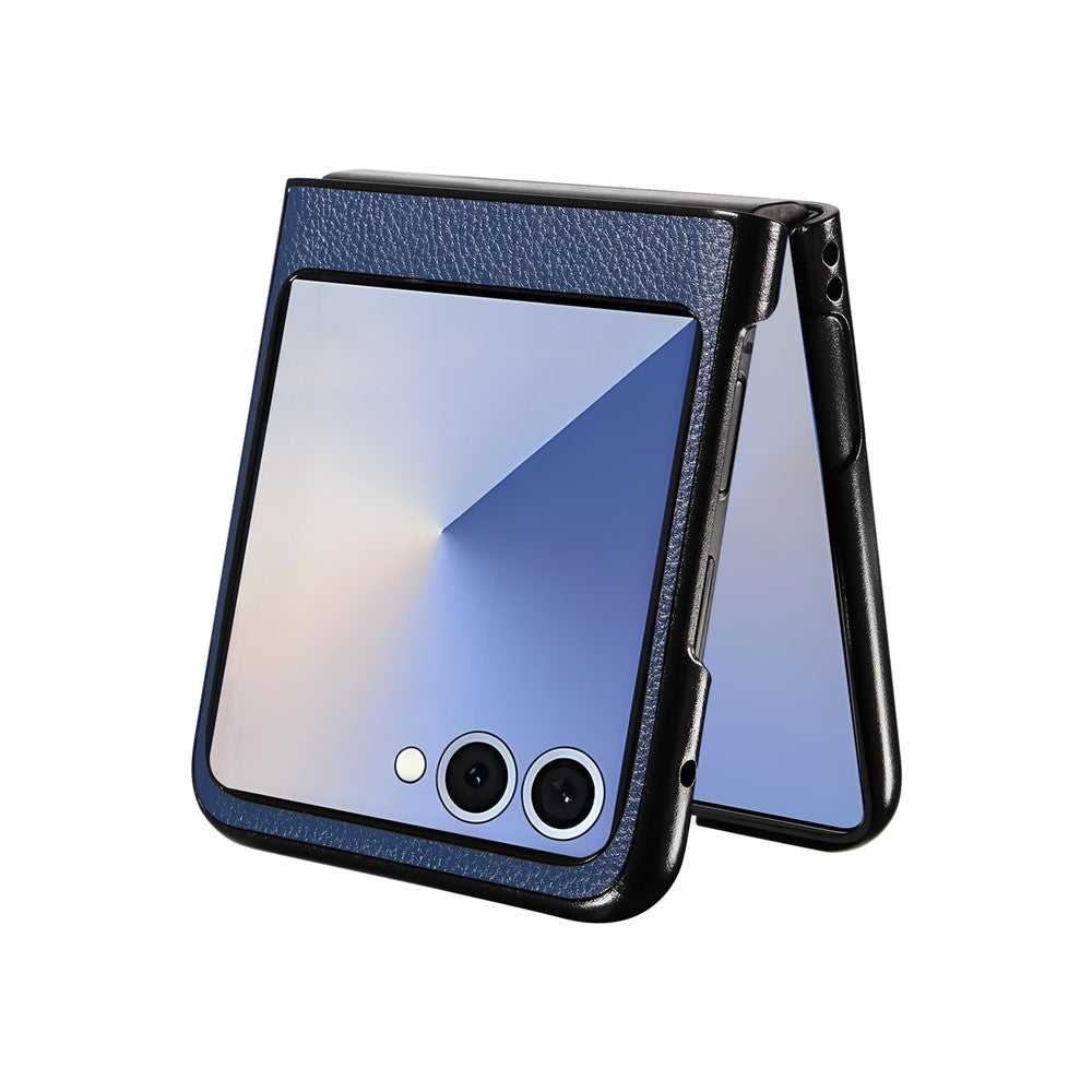 For Samsung Galaxy Z Flip7 5G Case Litchi Texture Leather + Hard PC Phone Cover - Dark Blue