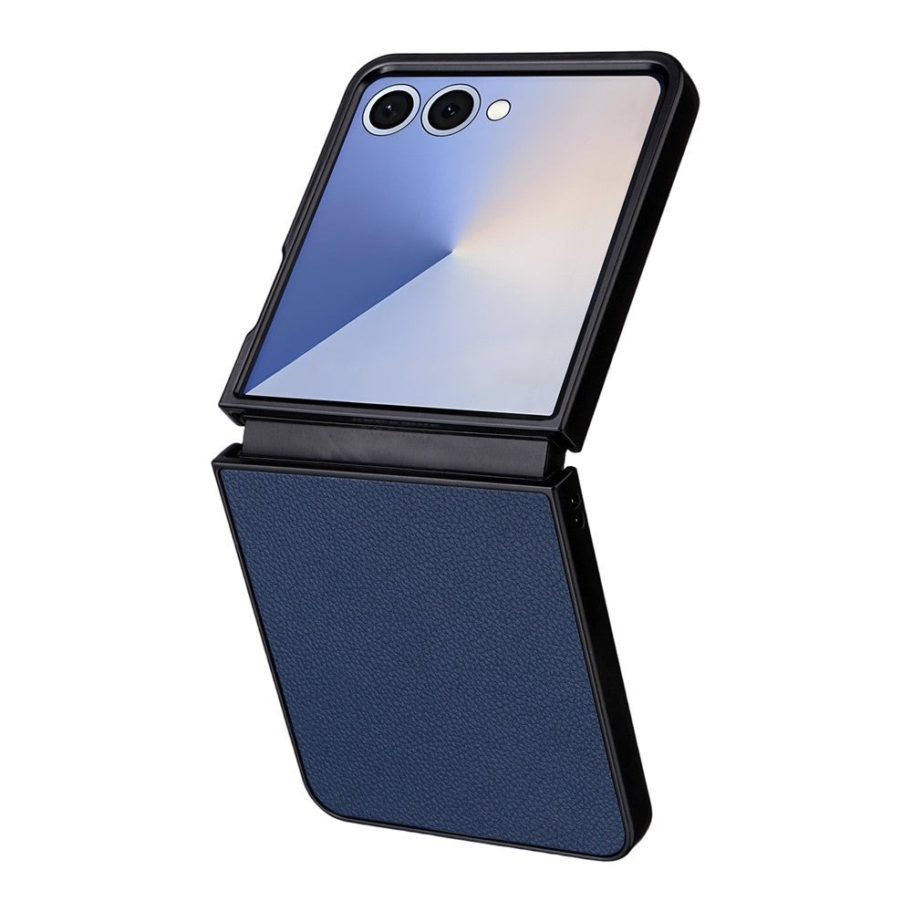 For Samsung Galaxy Z Flip7 5G Case Litchi Texture Leather + Hard PC Phone Cover - Dark Blue