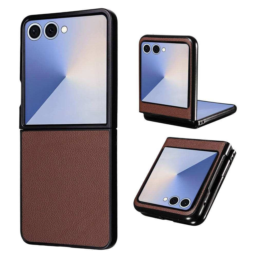 For Samsung Galaxy Z Flip7 5G Case Litchi Texture Leather + Hard PC Phone Cover - Brown