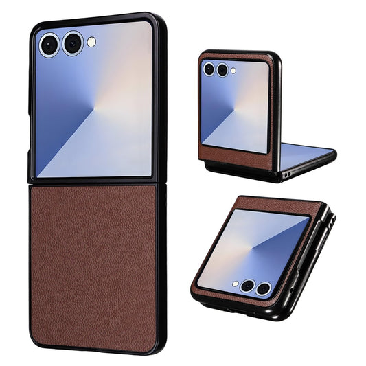 For Samsung Galaxy Z Flip7 5G Case Litchi Texture Leather + Hard PC Phone Cover - Brown