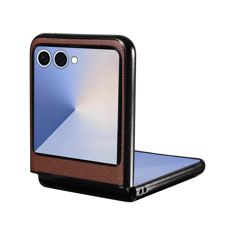 For Samsung Galaxy Z Flip7 5G Case Litchi Texture Leather + Hard PC Phone Cover - Brown
