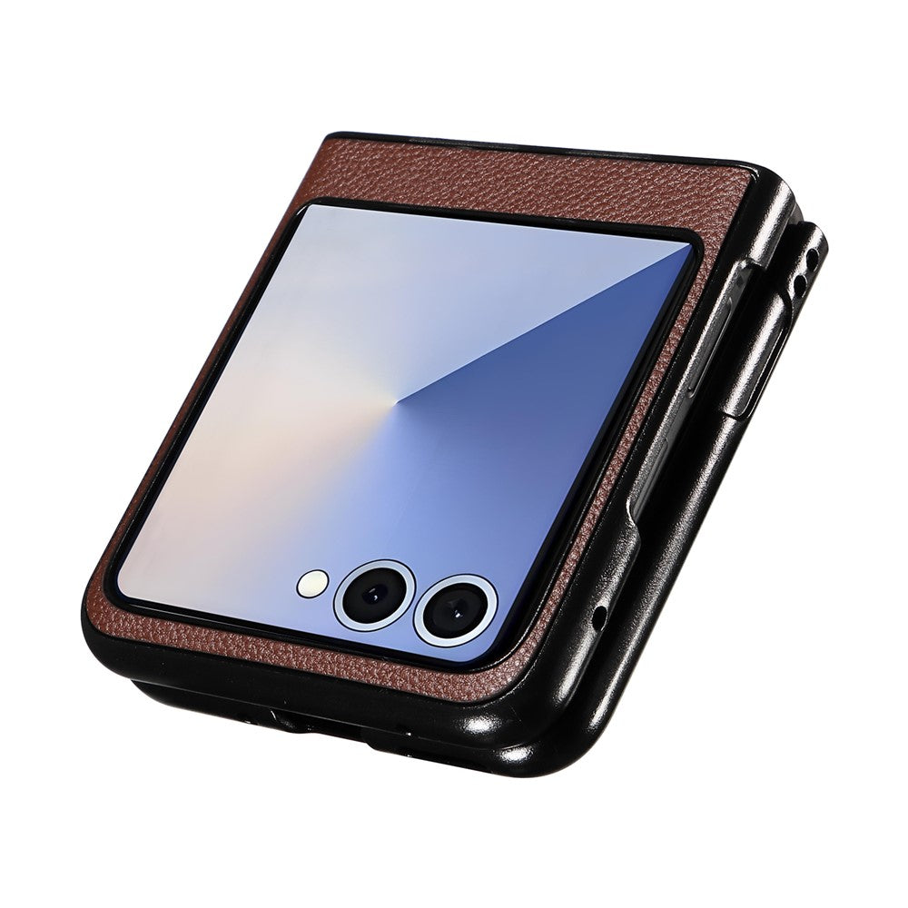 For Samsung Galaxy Z Flip7 5G Case Litchi Texture Leather + Hard PC Phone Cover - Brown