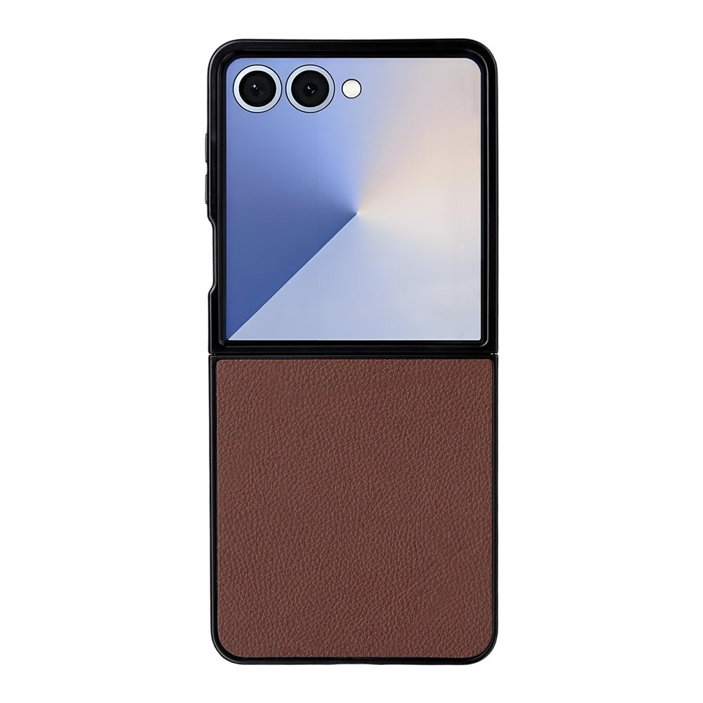 For Samsung Galaxy Z Flip7 5G Case Litchi Texture Leather + Hard PC Phone Cover - Brown