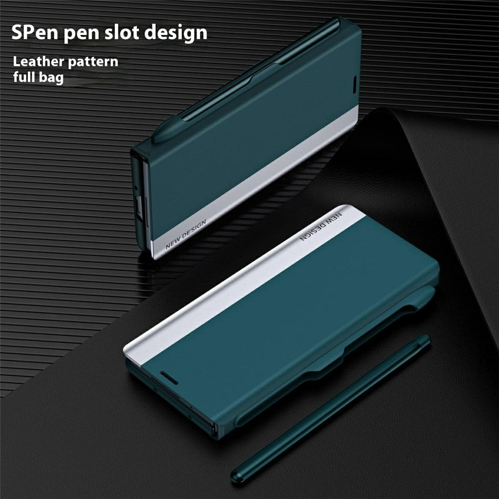 For Samsung Galaxy Z Fold7 5G Case Electroplating Pen Slot PU + PC Phone Cover with Stylus - Green